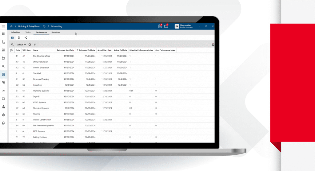 A laptop displays a scheduling software interface with a list of tasks, start and finish dates, and performance metrics in a spreadsheet format. A bold red geometric shape appears on the right side of the image.