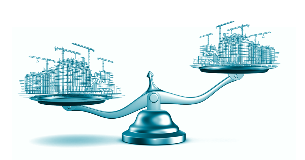 A blue-tinted scale balances two trays, each holding buildings under construction with cranes. The right side is higher, suggesting uneven weight or value between the construction projects.