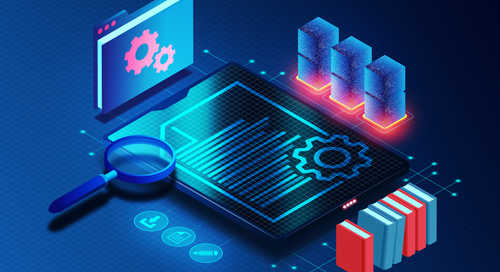 A digital illustration of data analysis, showing a tablet with charts and gears, a magnifying glass, a laptop, server blocks, and stacks of books, all in a futuristic, blue-themed setting.