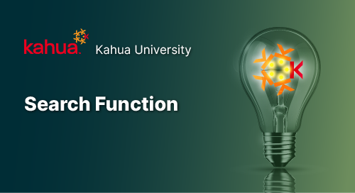 Kahua University logo and text Search Function next to a glowing lightbulb with the Kahua logo inside on a green gradient background.