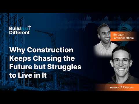 Webinar graphic with the title Why Construction Keeps Chasing the Future but Struggles to Live in It, featuring photos of two speakers, Bhragan Paramanantham and moderator AJ Waters. Blueprint and crane images in the background.