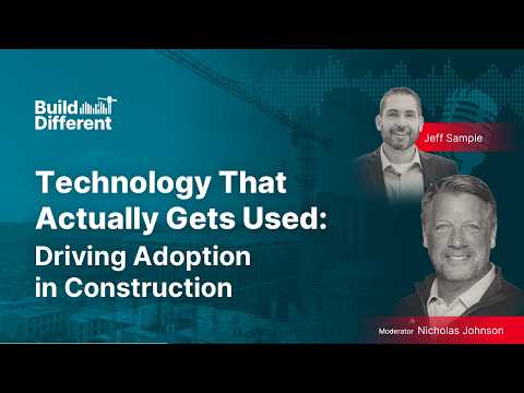 Webinar promo image with photos of Jeff Sample and Nicholas Johnson. Text reads: Technology That Actually Gets Used: Driving Adoption in Construction. Build Different logo and cityscape background are visible.
