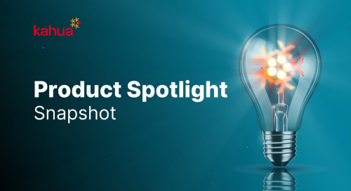 A lightbulb glows on a blue background beside the text kahua Product Spotlight Snapshot. The kahua logo appears in the top left corner.