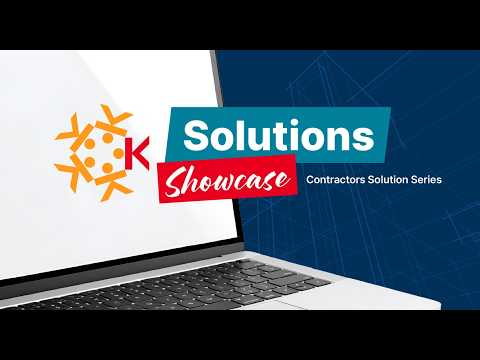 A laptop with a snowflake-like orange logo, Solutions Showcase text, and Contractors Solution Series on a blue background.