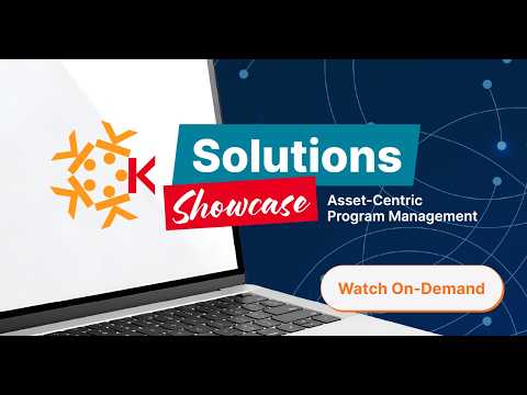 Laptop screen with “Solutions Showcase: Asset-Centric Program Management” text, a logo with orange shapes and a red K, and a button saying “Watch On-Demand” on a blue digital background.