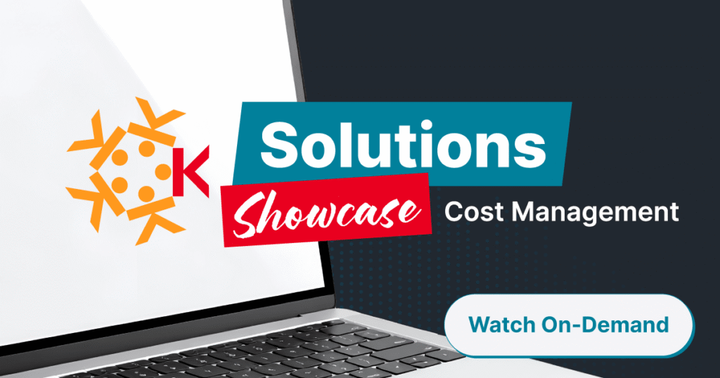 A laptop with a logo on the screen, and text reading “Solutions Showcase Cost Management” and a blue button labeled “Watch On-Demand.”.
