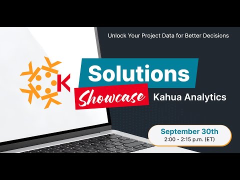 Promotional graphic for Solutions Showcase: Kahua Analytics on September 30th, 2:00–2:15 p.m. ET, featuring a laptop and text: Unlock Your Project Data for Better Decisions.
