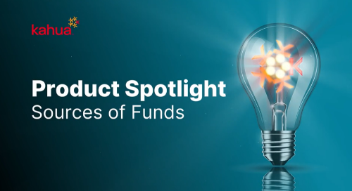 A lightbulb with a glowing filament is shown next to the text Product Spotlight Sources of Funds and the red kahua logo on a blue background.