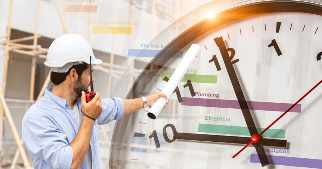 A construction worker in a white hard hat talks on a walkie-talkie and points at building plans, overlaid with a large clock and colorful project timelines.