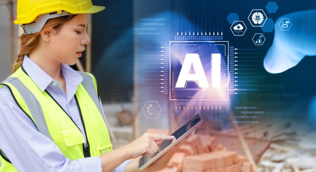 A woman in a yellow hard hat and safety vest uses a tablet at a construction site. A digital overlay shows AI and technology icons, indicating artificial intelligence integration.