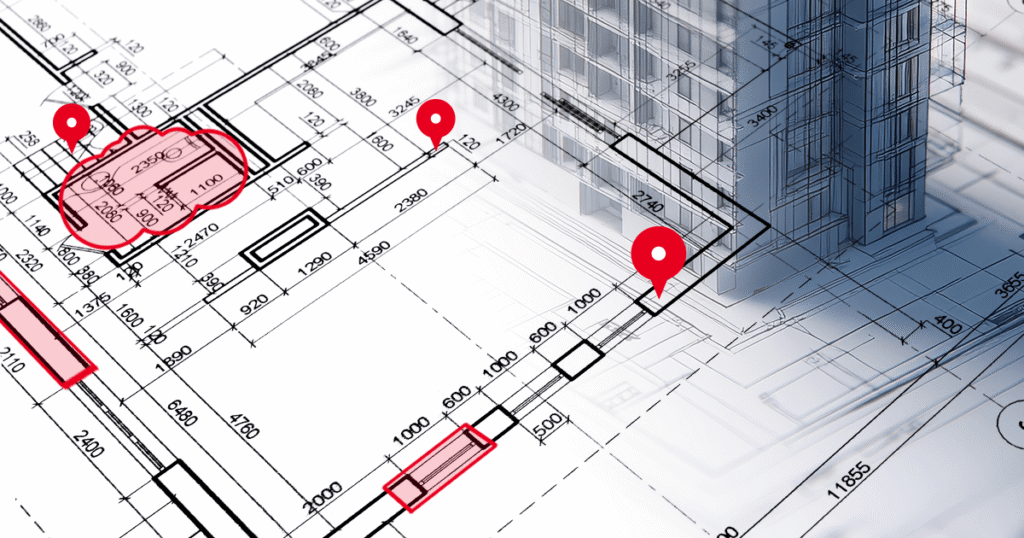 A digital blueprint of a building with a semi-transparent 3D structure overlay, featuring red location pin icons and highlighted sections on the floor plan.