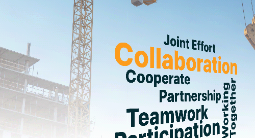 A construction site background with bold words like Collaboration, Teamwork, Participation, and others representing teamwork, overlaid on the image.