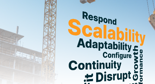 A construction crane and building with large words like Scalability, Adaptability, Continuity, and Growth overlapping in the foreground, emphasizing key business concepts.