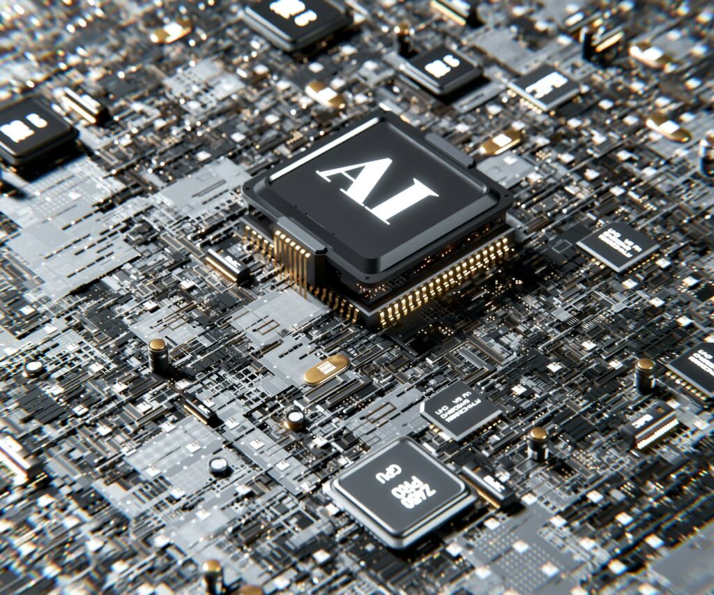 A close-up of a computer microchip labeled AI on a complex circuit board, surrounded by various electronic components and chips.