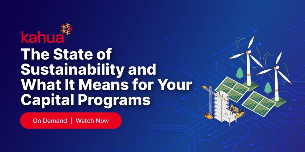 A digital ad for Kahua features the text, The State of Sustainability and What It Means for Your Capital Programs, with icons of wind turbines, solar panels, and a building on a blue tech-themed background.