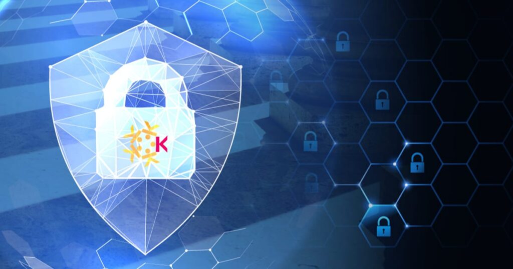 A digital shield with a padlock featuring a stylized sun and the letter K stands among hexagon patterns and padlock icons, symbolizing cybersecurity and data protection.
