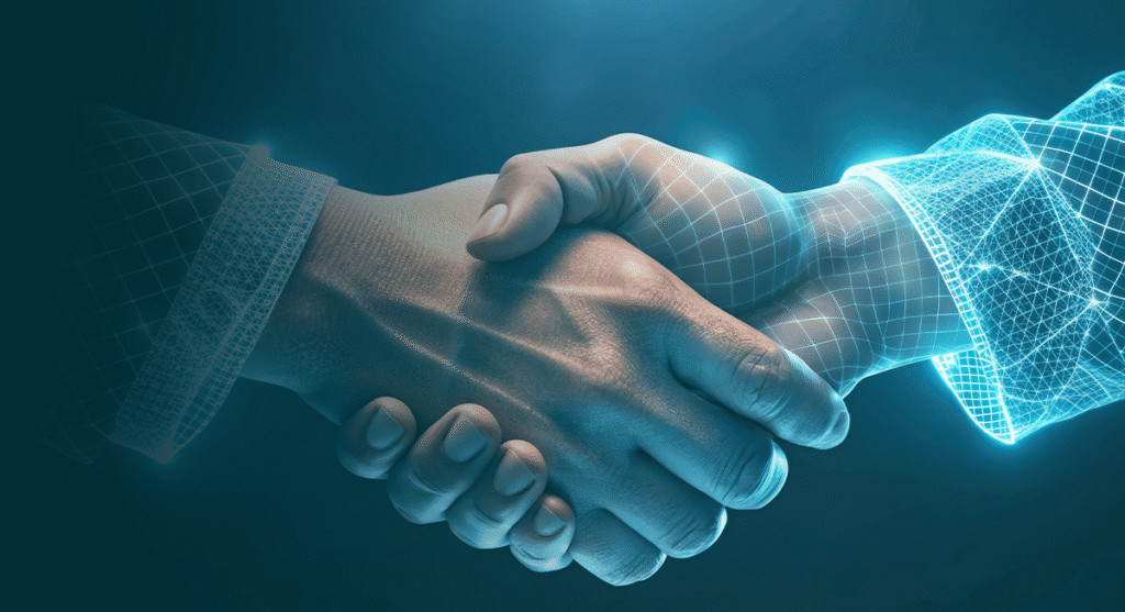 A human hand shakes hands with a digital, wireframe hand, symbolizing partnership or interaction between humans and technology.