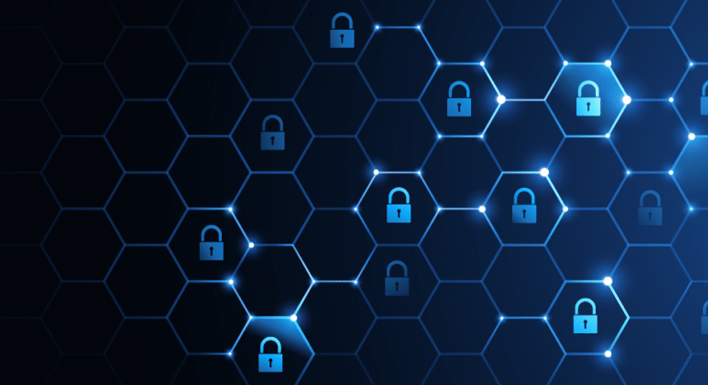 A digital hexagonal grid with glowing blue lines and padlock icons, symbolizing cybersecurity and data protection on a dark background.