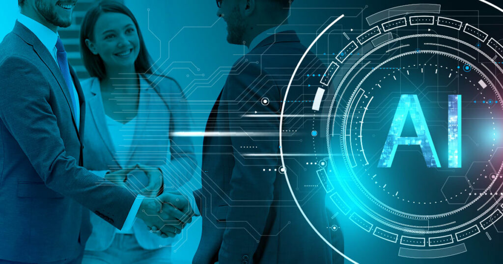 Three business professionals shake hands and smile in front of a digital interface with AI displayed, symbolizing collaboration in artificial intelligence technology. The background features futuristic blue circuit graphics.