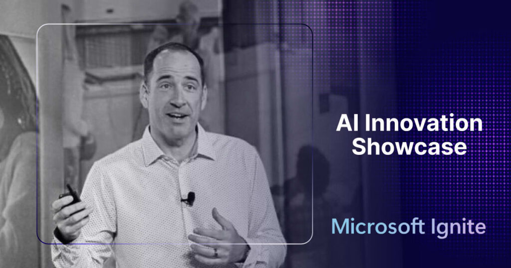 A man speaks while holding a remote, with text AI Innovation Showcase and Microsoft Ignite on a digital-themed background.