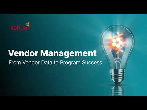 A lightbulb with glowing wires appears on a teal background. Text reads: Vendor Management: From Vendor Data to Program Success. The Kahua logo is in the top left corner.