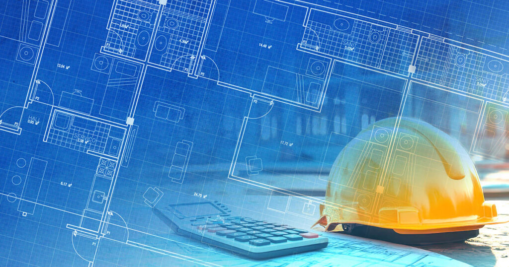 A yellow construction helmet, calculator, and blueprints overlap with a translucent floor plan, symbolizing architecture, engineering, and construction planning.