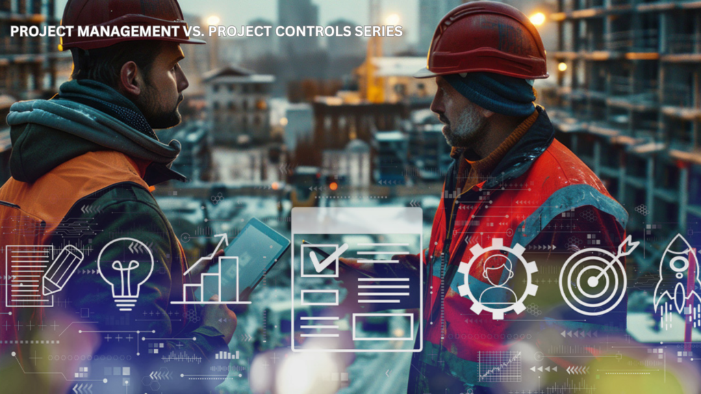 Two construction workers in safety gear talk at a building site. Overlaid graphics represent project management and controls, including lightbulb, bar chart, checklist, gear, people, and target icons. Text reads: PROJECT MANAGEMENT VS. PROJECT CONTROLS SERIES.