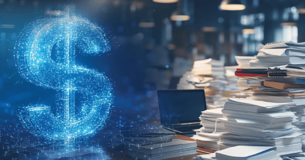 A glowing digital dollar sign next to a cluttered desk with piles of paperwork, a laptop, and office supplies, symbolizing financial management or accounting in a modern business setting.
