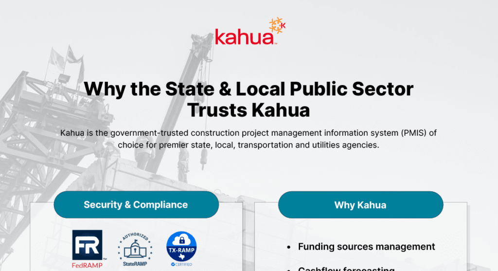 Construction workers on a crane background; text overlay promotes Kahua’s project management system for state and local government, highlighting security, compliance, and funding resources management.