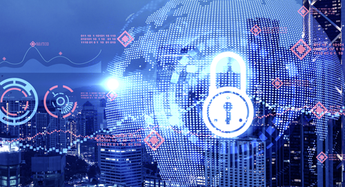 A digital lock icon overlays a city skyline at night, with abstract data graphs and a dotted world map, symbolizing cybersecurity and data protection.