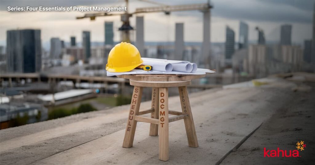 A yellow hard hat, measuring tape, and rolled blueprints sit on a three-legged stool labeled Schedule, Doc Mgt, and Bidding, with a city skyline and construction cranes in the background.