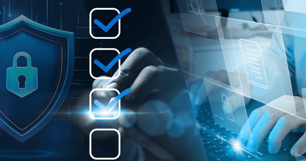 A hand checks boxes on a digital touchscreen, with a padlock symbol and digital icons in the background, representing cybersecurity and secure document management.