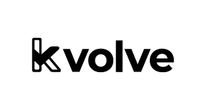 Black text on a white background spells kvolve, with the letter k stylized in bold and geometric shapes, while the rest of the letters are in a simple sans-serif font.