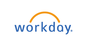 The Workday logo with the word workday in blue lowercase letters and an orange curved line arching over the text on a light gray background.