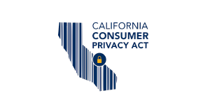Silhouette of California with barcode stripes, a lock icon, and the text California Consumer Privacy Act to the right.