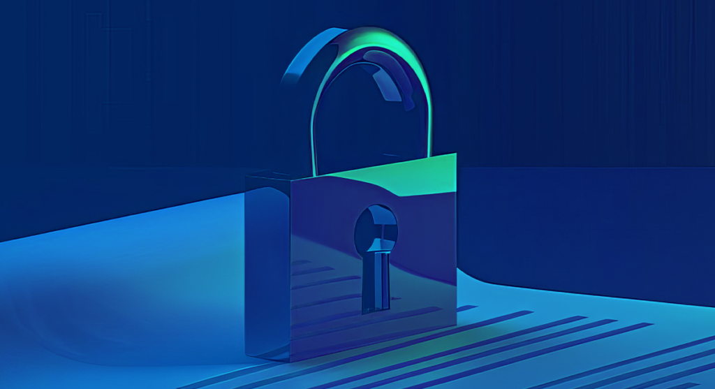 A digital illustration of a shiny padlock in blue and green tones stands on a striped surface, symbolizing security or privacy in a digital context.