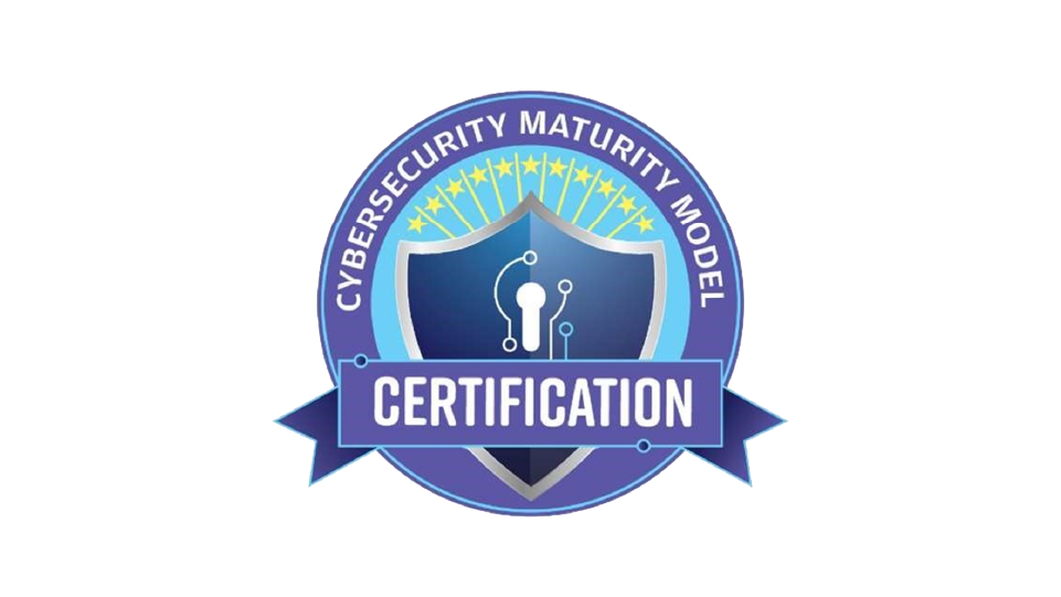 A circular badge with a shield, stars, and circuits reads Cybersecurity Maturity Model Certification with CERTIFICATION on a blue banner across the shield.