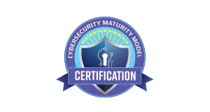 A blue badge with a shield, circuitry design, and stars reads Cybersecurity Maturity Model Certification with a banner across the bottom that says Certification..