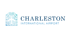 Charleston International Airport logo with a blue airplane icon in a decorative outline next to the name in blue uppercase letters.