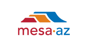Mesa, AZ logo with three stylized mountain shapes in red, orange, and blue above the text mesa•az in lowercase red and blue letters, separated by an orange dot, on a light background.