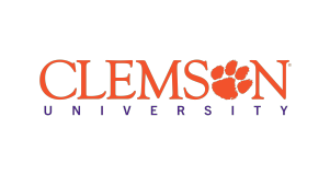Clemson University logo with Clemson in orange capital letters and a tiger paw print replacing the letter O, with University in smaller purple letters below.