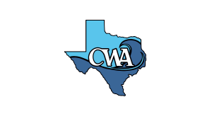 Outline of Texas in two shades of blue with the letters CWA in white, styled with a wave graphic, centered inside the state shape on a light background.
