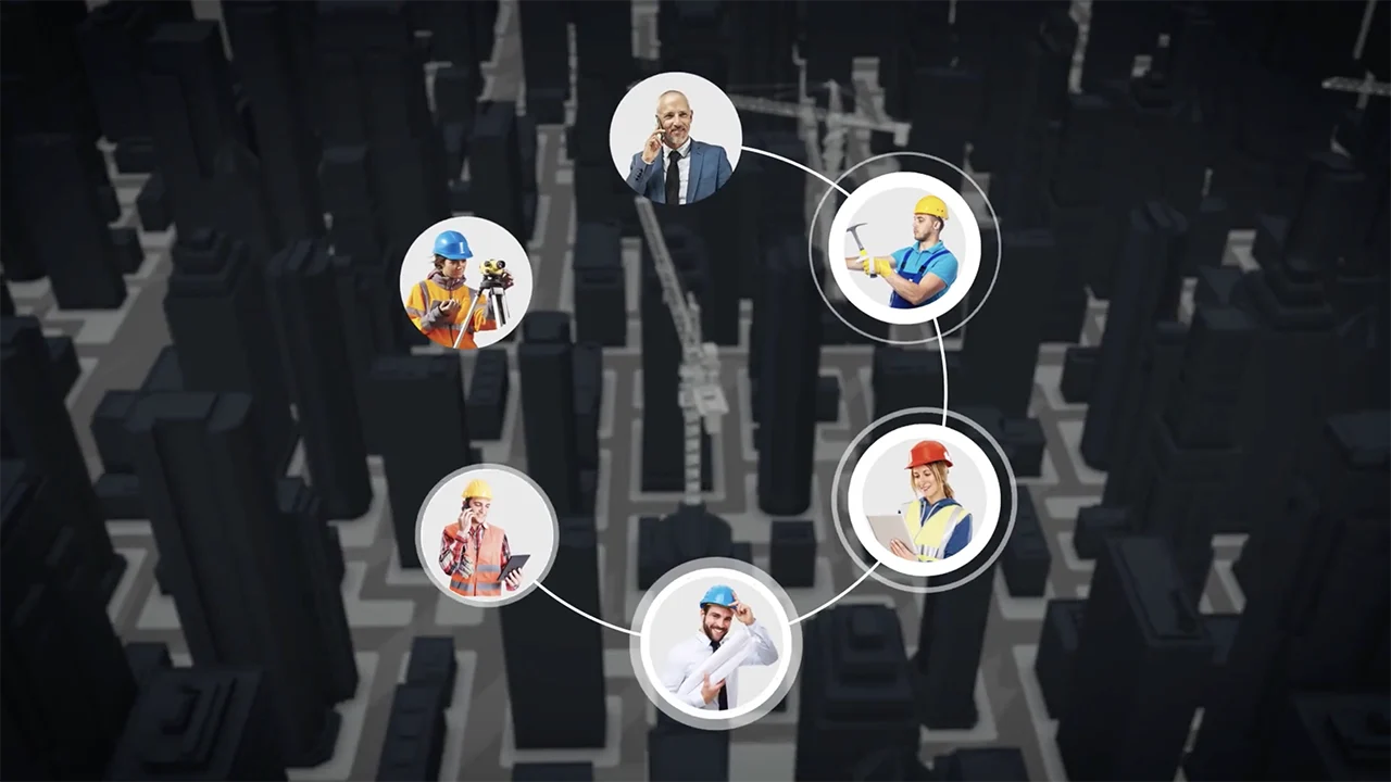 A cityscape background with six construction workers and one businessperson in circular frames, connected in a ring, representing teamwork or collaboration in construction.