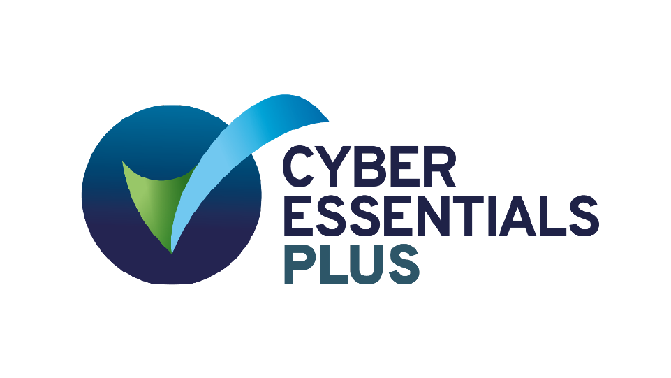 Cyber Essentials Plus logo with a blue and green checkmark inside a dark blue circle, next to the words Cyber Essentials Plus in bold blue and green text on a light background.