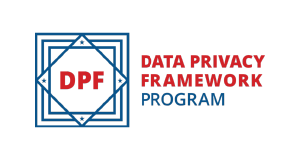 Logo with blue geometric lines framing red letters DPF and the words Data Privacy Framework Program in red and blue text on a white background.
