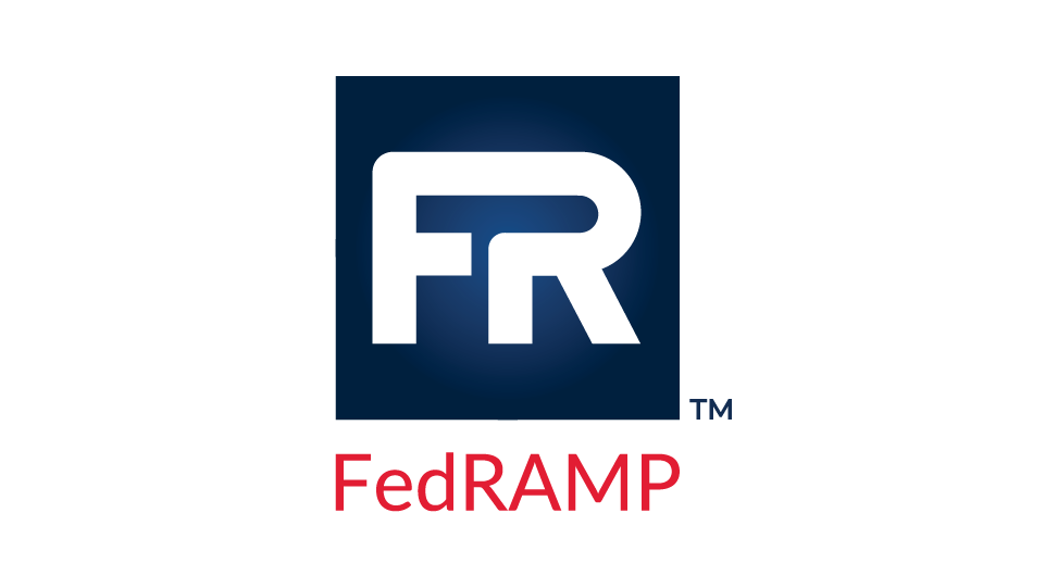 FedRAMP logo featuring a stylized white FR on a dark blue square background, with FedRAMP written in red text below the logo.