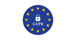 A blue circle with yellow stars, a padlock icon, and the text GDPR in the center, representing the General Data Protection Regulation of the European Union.