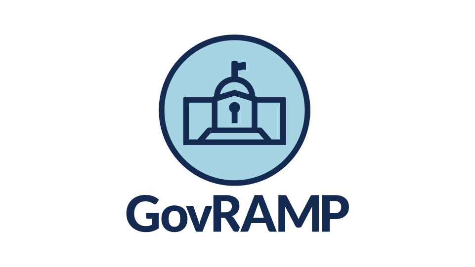 A blue outline of a government building with a flag and keyhole inside a blue circle, above the bold text GovRAMP on a light background.