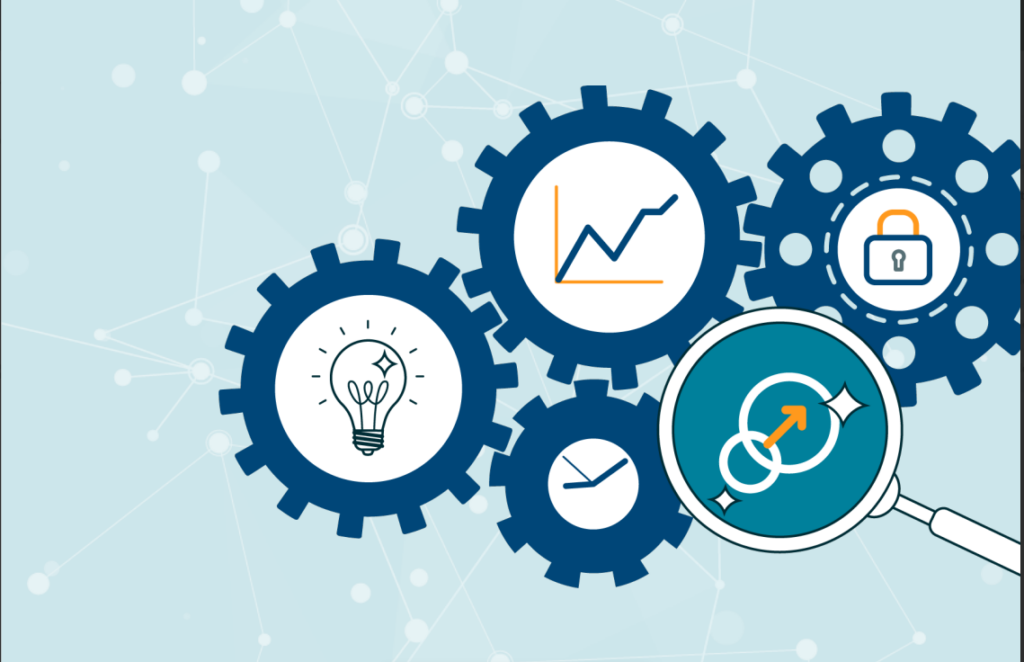 Illustration of interconnected gears with icons: a light bulb, clock, graph, padlock, and a magnifying glass highlighting linked circles with an arrow, representing process, ideas, and security.