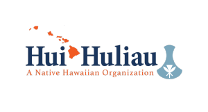 Logo with a red map of Hawaii, the text Hui Huliau A Native Hawaiian Organization, and a blue vase with a white leaf symbol on the right.